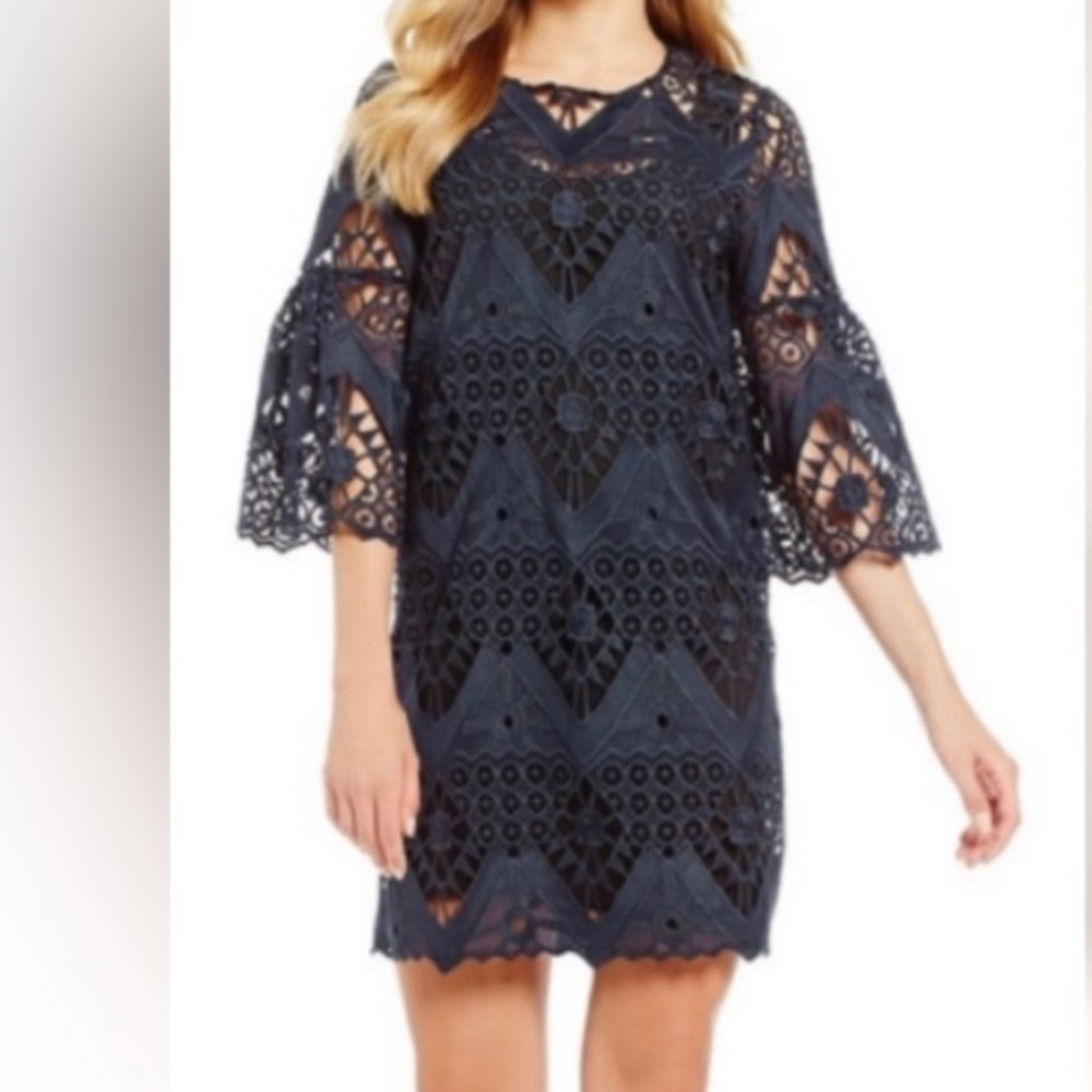 EUC Mika Mindel Size Large Navy Blue & Black Lace Dress